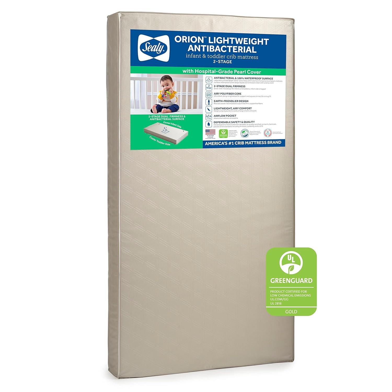 Sealy Baby Orion Antibacterial 2-Stage Breathable Crib Mattress, Toddler Bed Fit, Lightweight, Waterproof, Non-Toxic, GREENGUARD Gold Certified, USA Made, Safety & Quality Tested, 52×28